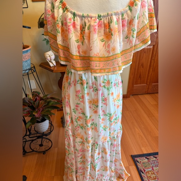 Pink Lily Maxi Ruffled Tiered Size Small Floral Cream Pink Women’s Belted Dress - Picture 5 of 15